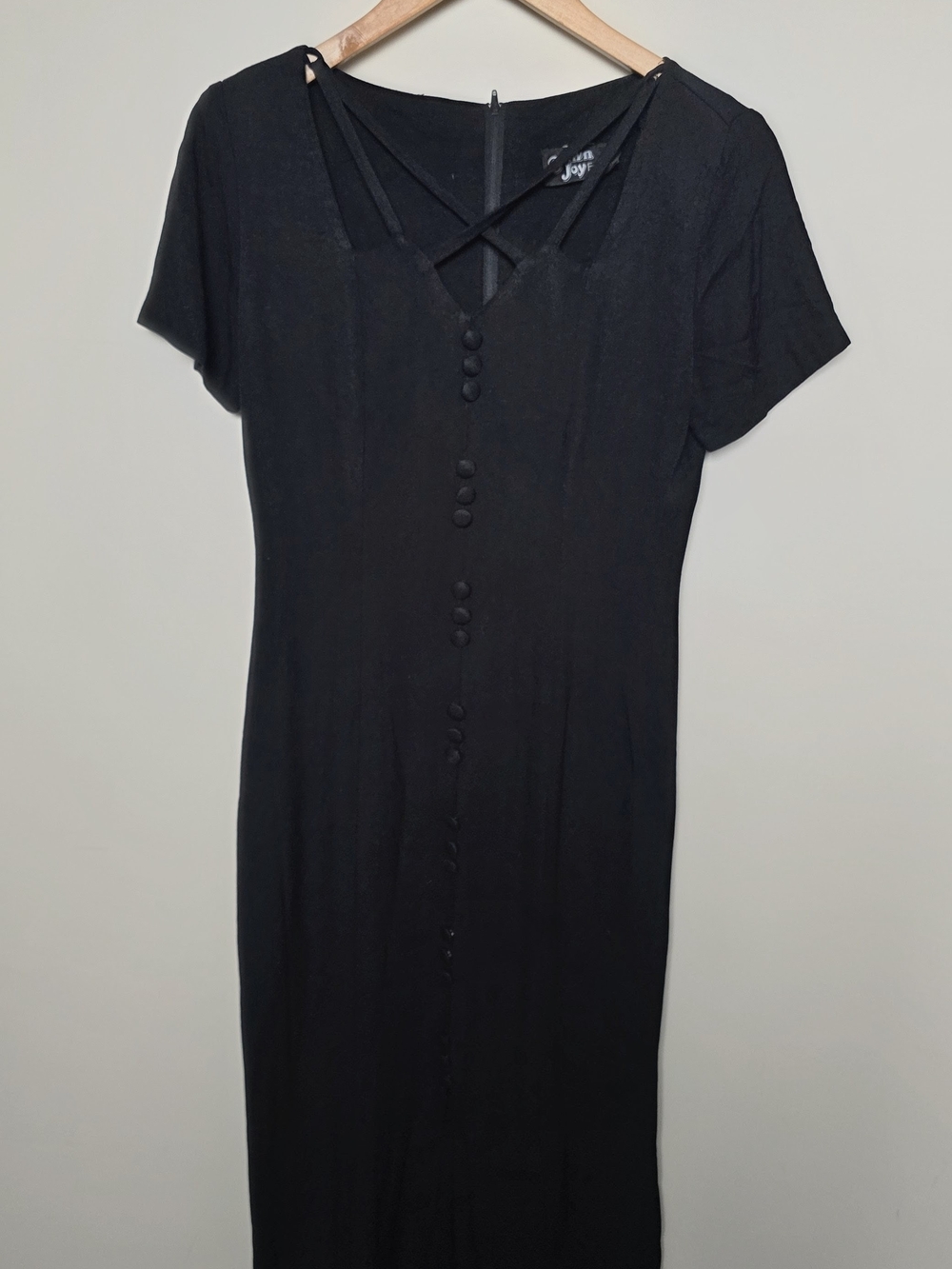 Vintage Black Button-Front Midi Dress with Strappy V-Neck